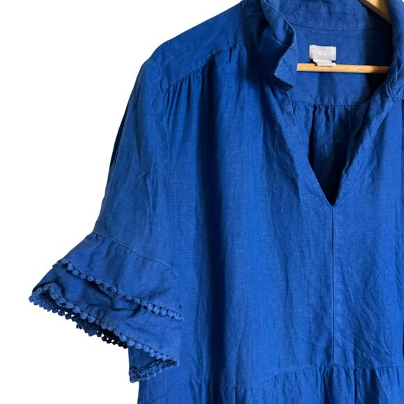 Chico’s Blue Linen Flounce Sleeve Tiered Collared Relaxed Maxi Dress Size 22 - Picture 4 of 10